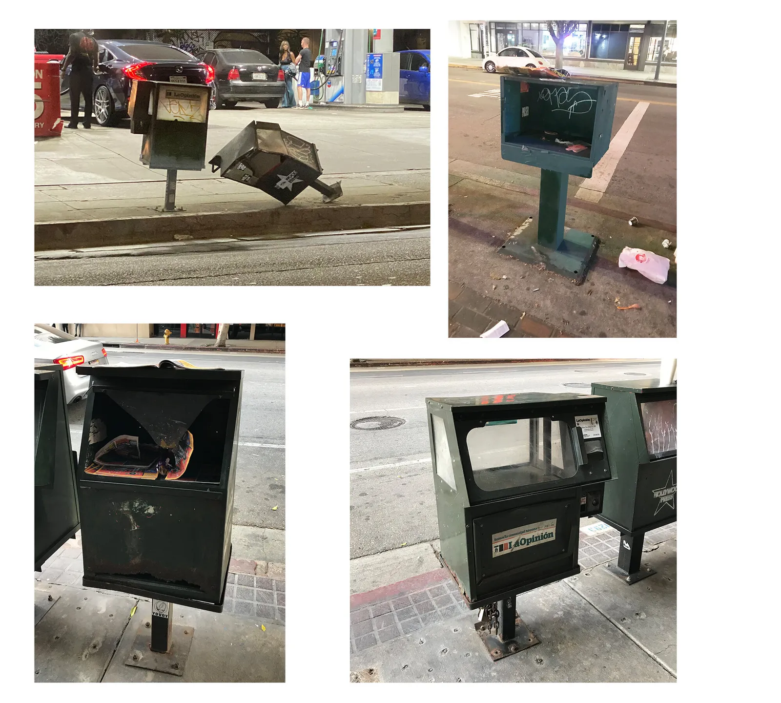 2 x 2 Grid of images shwoing broken and damaged newspaper boxes which have fallen over, filled with garbage, or left behind.