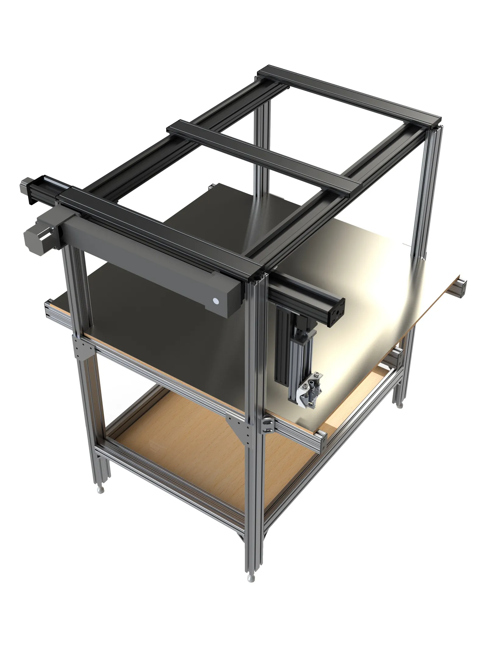 3D rendering of the fabrication machine made of extruded aluminum brackets and a metallic table surface.