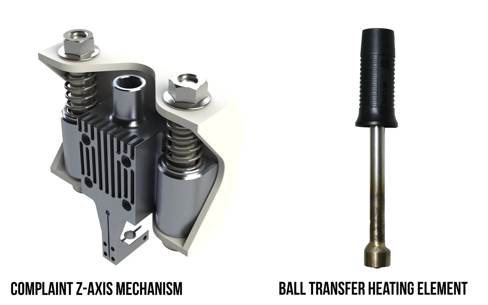 Two part image showing a 3d render of the compliant Z-Axis mechanism using springds and on the right, a modified ball-transfer heating element.