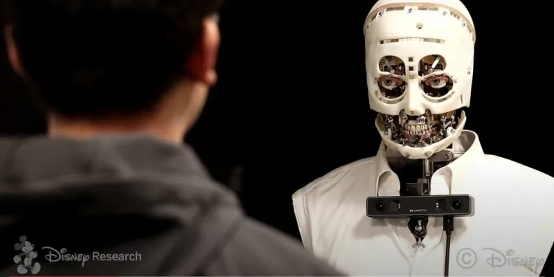 Over-shoulder image showing a robotic figure with exposed mechanical structures looking at a passerby.