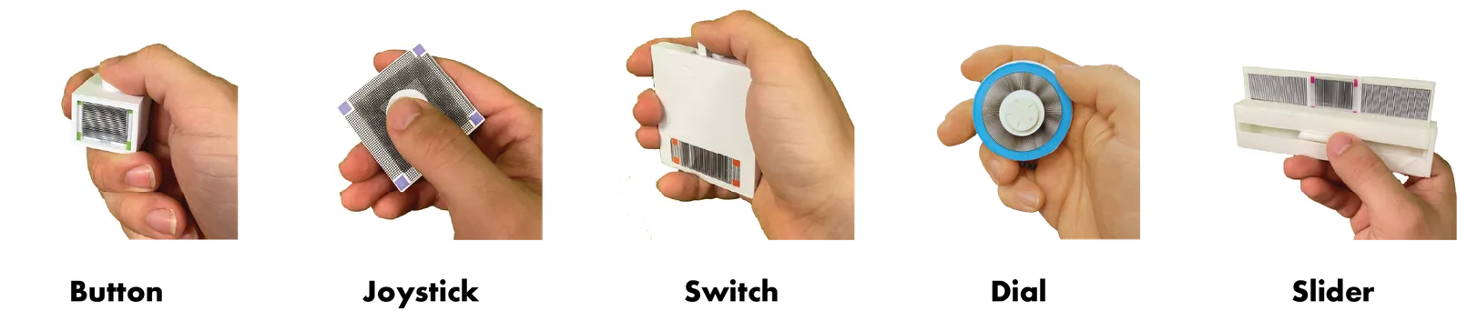 Series of 5 images each showing a hand holding each type of widget including a button, joystick, switch, dial, and slider.