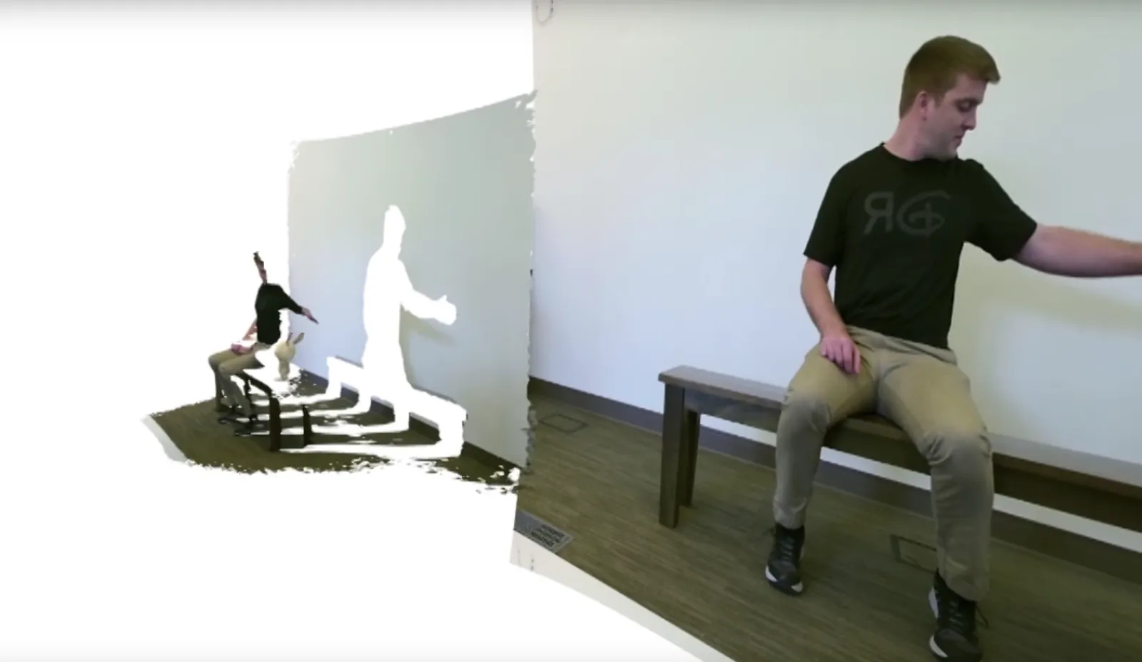 Screenshot showing how the camera feed is segmented into depth. The image shows a 3d scene where the person is reaching to the side and there is a white shadow behind them cast on a wall showing occlusion.
